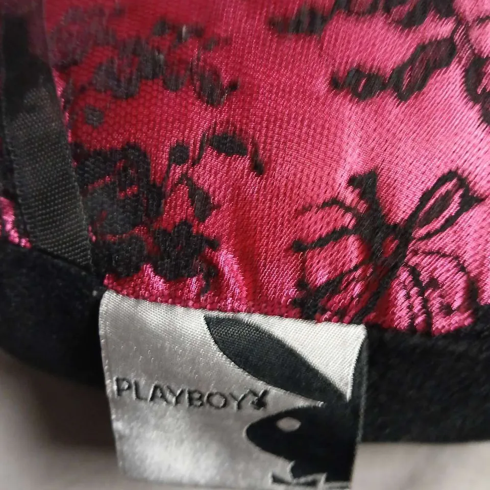 PLAYBOY BUNNY CUSHION – PINK SATIN WITH BLACK LACE MOTIF