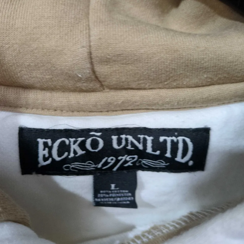 ECKO UNLTD WHITE HOODIE WITH BEIGE HOOD LINING – FRONT GRAPHIC, UK SIZE L