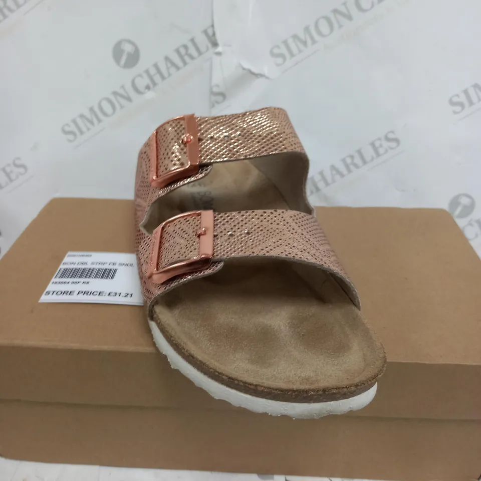 BOXED PAIR OF BONOVA SNAKE DOUBLE STRAP FOOTBED SANDALS -  SIZE 8