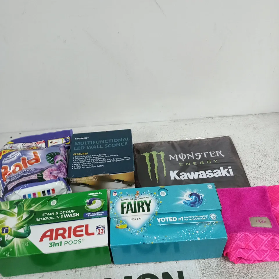 BOX OF APPROXIMATELY 25 ASSORTED ITEMS INCLUDING A MONSTER KAWASAI SIGN, FAIRY LAUNDRY DETERGENT AND ARIEL 3IN1 PODS