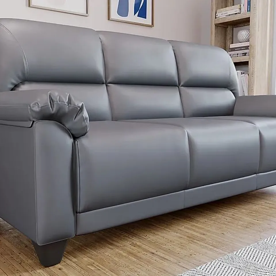 BOXED DESIGNER KENTON SMALL GREY FAUX LEATHER THREE SEATER SOFA (ONE BOX)