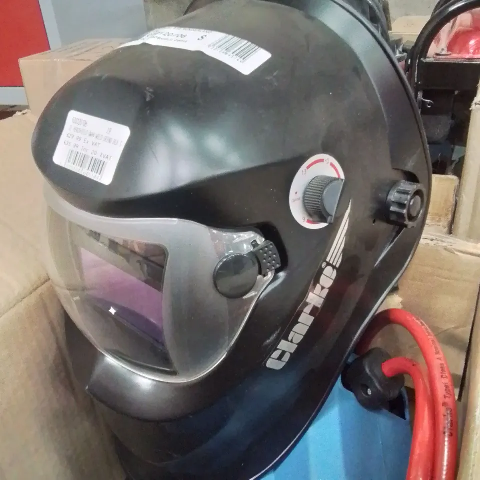MIXED BOX OF TOOLS TO INCLUDE: CLARKE WELDING MASK, SOLDERING IRON, 9M RETRACTABLE AIR HOSE REEL, 12V AUTOMATIC BATTERY CHARGER 