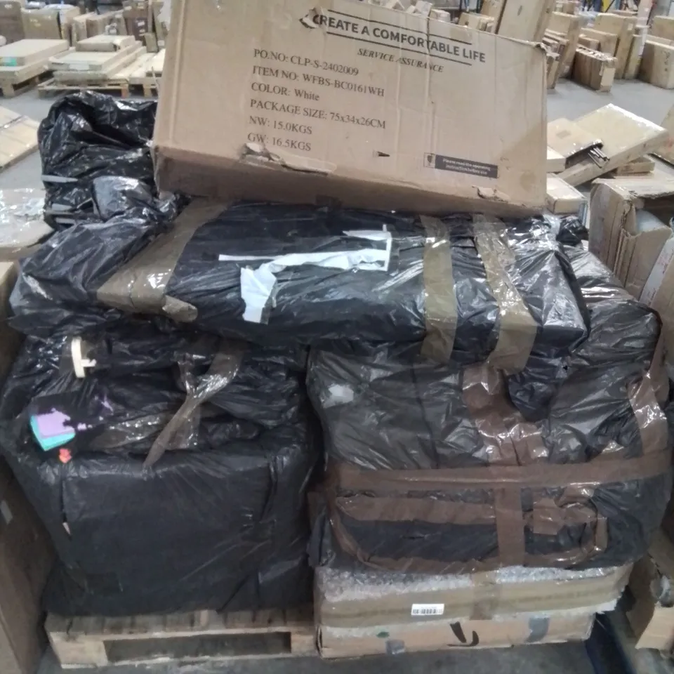 PALLET CONTAINING VARIOUS BOXED FURNITURE PARTS AND OTHER HOUSEHOLD ITEMS ETC.