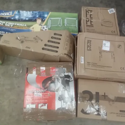 PALLET OF ASSORTED ITEMS INCLUDING PEPE TOILET RISER 4", PEPE BATH TRANSFER BENCH, GOALZ 2 PRO FOOTBALL GOAL SET, KIDS SCOOTER, PUNCHING BALL SET, LAPTOP AND MONITOR DESK MOUNT