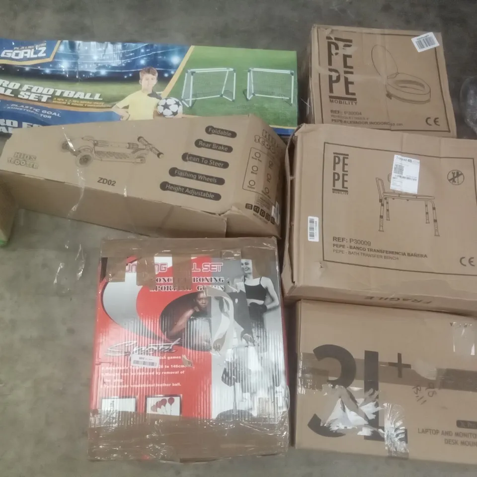 PALLET OF ASSORTED ITEMS INCLUDING PEPE TOILET RISER 4", PEPE BATH TRANSFER BENCH, GOALZ 2 PRO FOOTBALL GOAL SET, KIDS SCOOTER, PUNCHING BALL SET, LAPTOP AND MONITOR DESK MOUNT