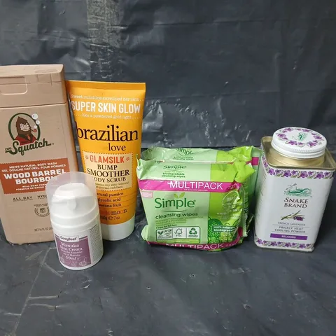 APPROXIMATEY 20 ASSORTED HEALTH AND BEAUTY PRODUCTS TO INCLUDE SIMPLE WIPES, DR SQUATCH BODY WASH AND PRICKLY HEAT COOLING POWDER