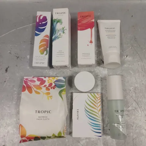 TROPIC SKINCARE LOT OF 8 ASSORTED SKINCARE PRODUCTS TO INCLUDE - MORNING MIST TONING ESSENCE - RADIANCE CLEANSING OIL - BEAUTY BOOSTER SHEER FOUNDATION IN SHADE 1 - ETC