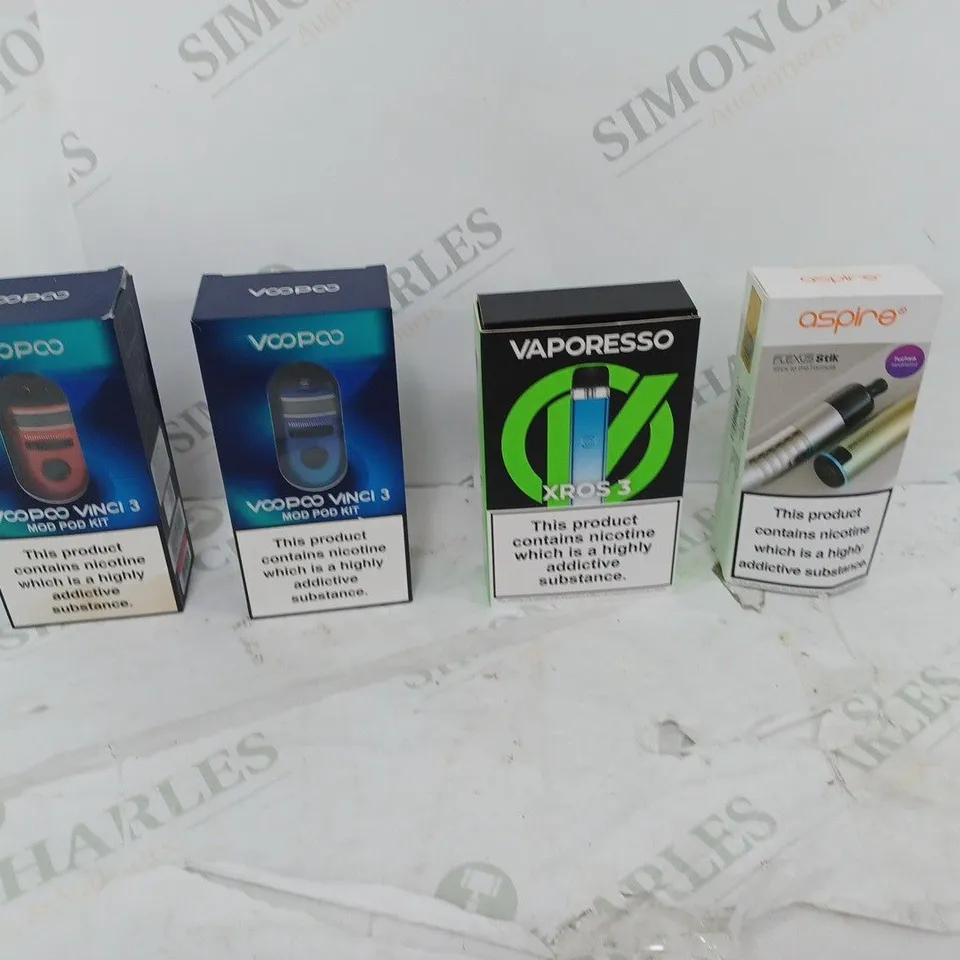 LOT OF APPROXIMATELY 10 BOXED E-CIGARETTES TO INCLUDE ASPIRE FLEXUS STIK, VAPORESSO GTX ONE, AND VOOPOO VINCI 3 ETC. 