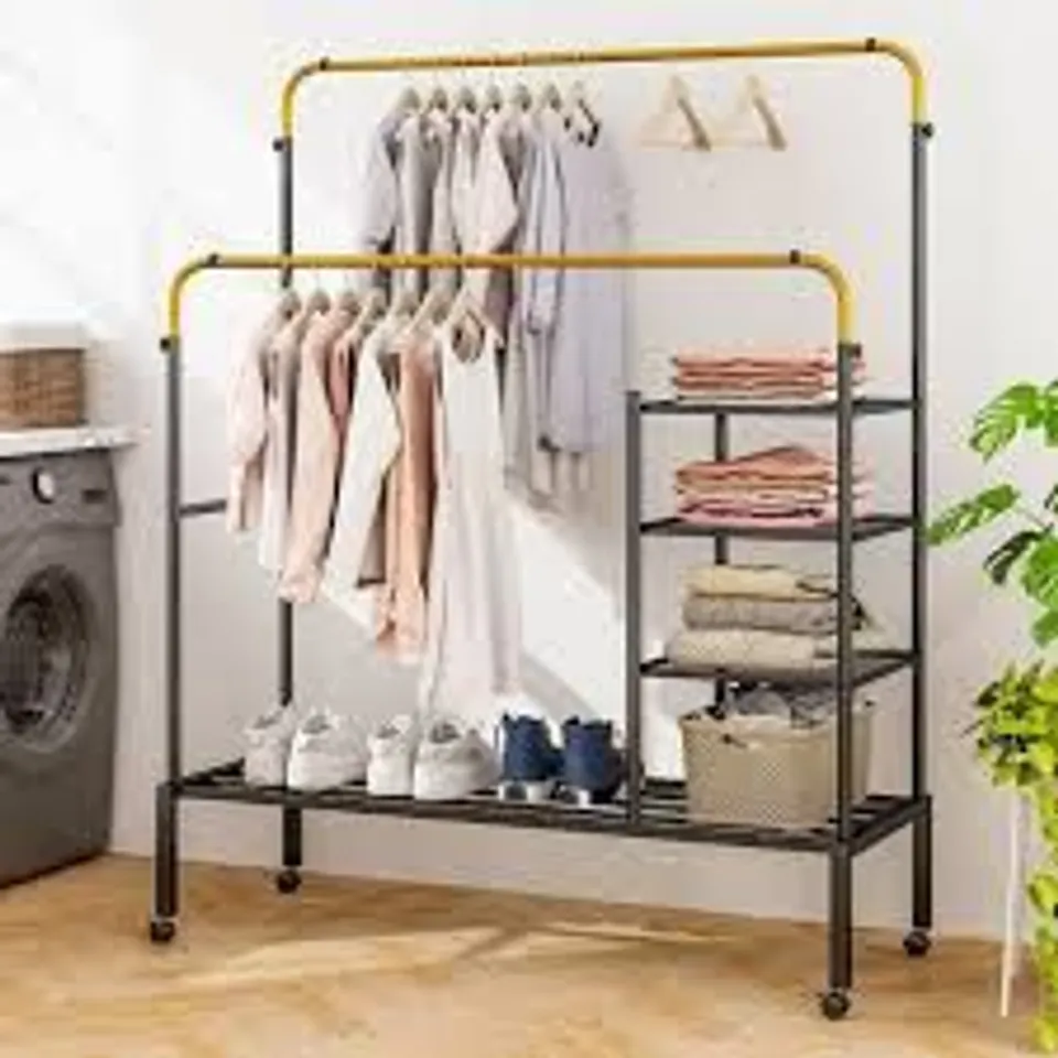 BOXED COSTWAY 4 SHELF 2 HANGING BARS BLACK AND GOLD ROLLING CLOTHES RACK