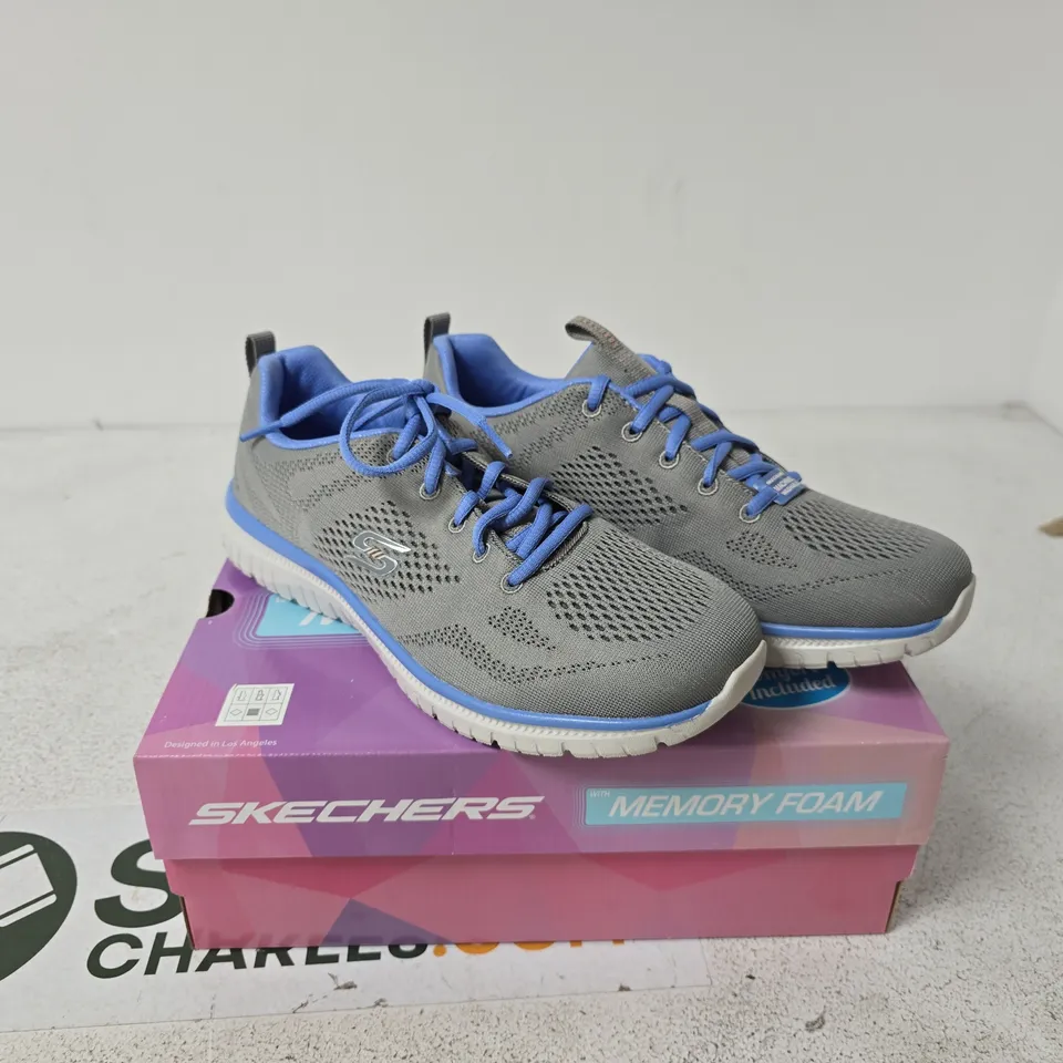 SKECHERS MEMORY FOAM TRAINERS – GREY MESH WITH BLUE LACES UK 6