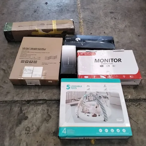 PALLET OF ASSORTED ITEMS TO INCLUDE: CRUA MONITOR COMPUTER, FOLDABLE PET GATE, PVC PRIVACY FENCE, BABY PLAY GYMS ECT