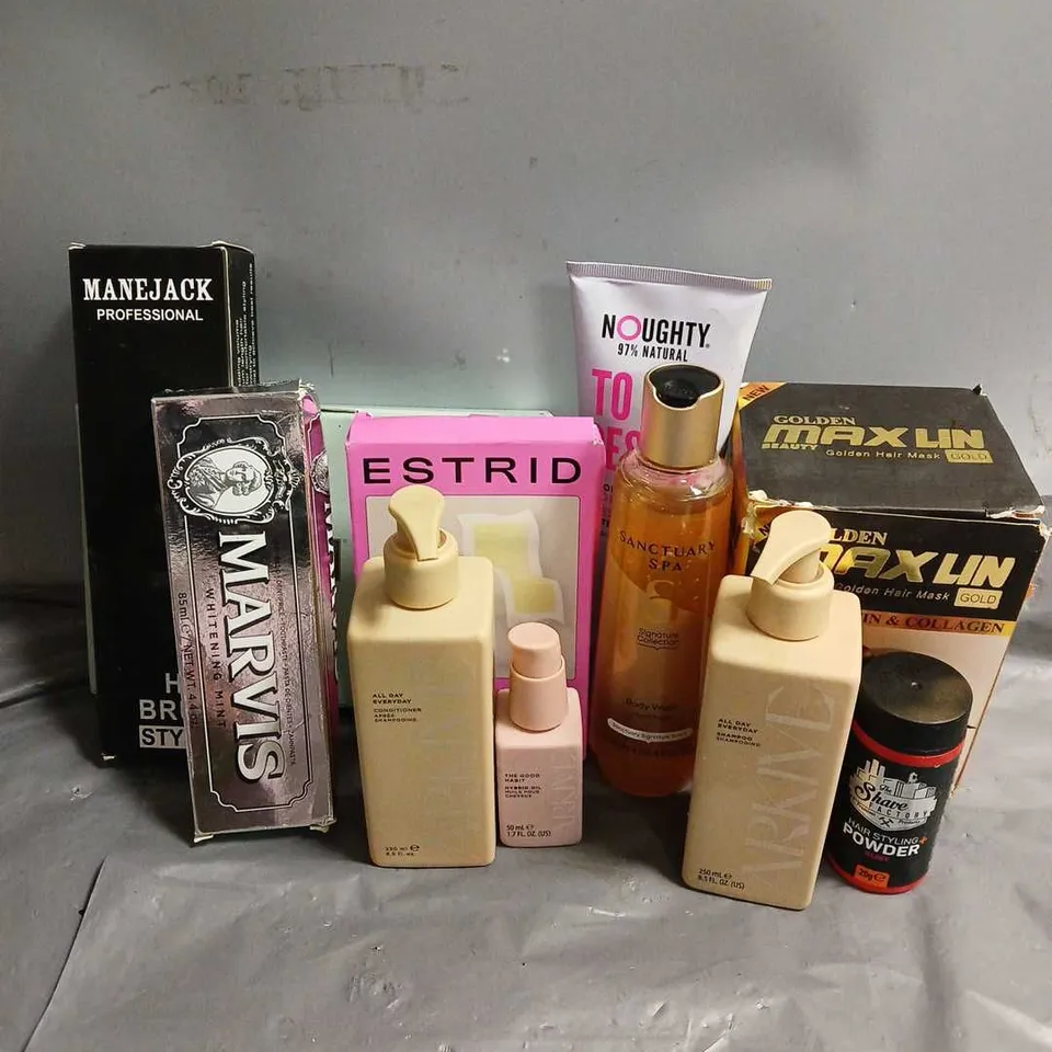 APPROXIMATELY 20 ASSORTED COSMETIC PRODUCTS INCLUDE - MAX LIN GOLDEN KERATIN HAIR MAX - SANCTUARY SPA BODY WASH - ESTRID WAX KIT - ETC