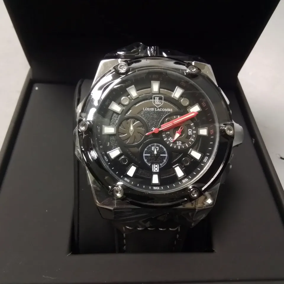 LOUIS LACOMBE GENTS STAINLESS STEEL CHRONOGRAPH WATCH WITH BLACK STRAP IN GIFT BOX