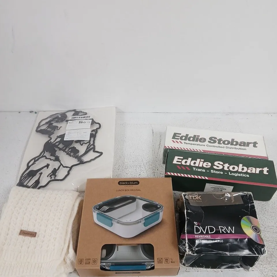 BOX OF APPROXIMATELY 10 ASSORTED ITEMS INCLUDING AN EDDIE STOBART MODEL, 10 DVD RW AND A BLACK AND BURN LUNCH BOX