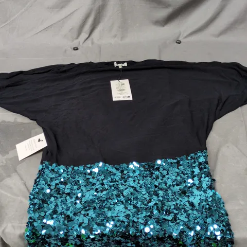 PHASE EIGHT BECCA BATWING SEQUIN TOP – BLACK WITH TEAL SEQUINS, UK 10