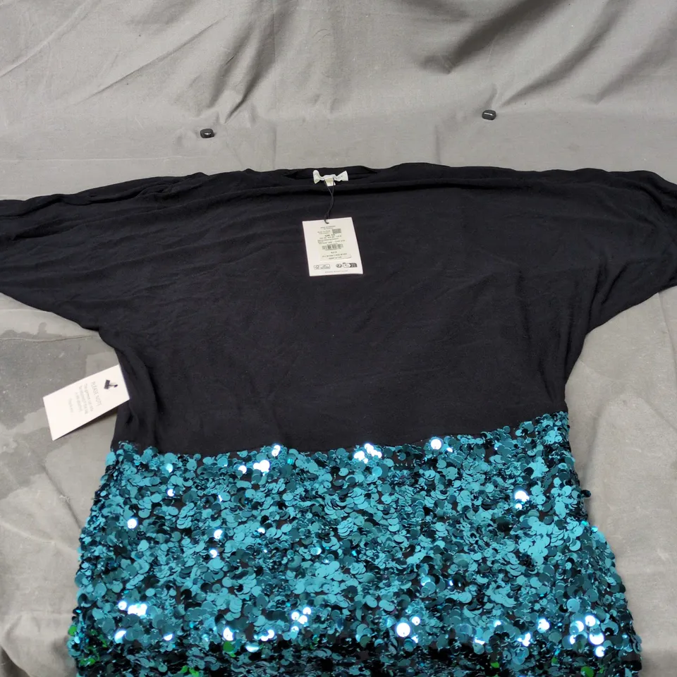 PHASE EIGHT BECCA BATWING SEQUIN TOP – BLACK WITH TEAL SEQUINS, UK 10