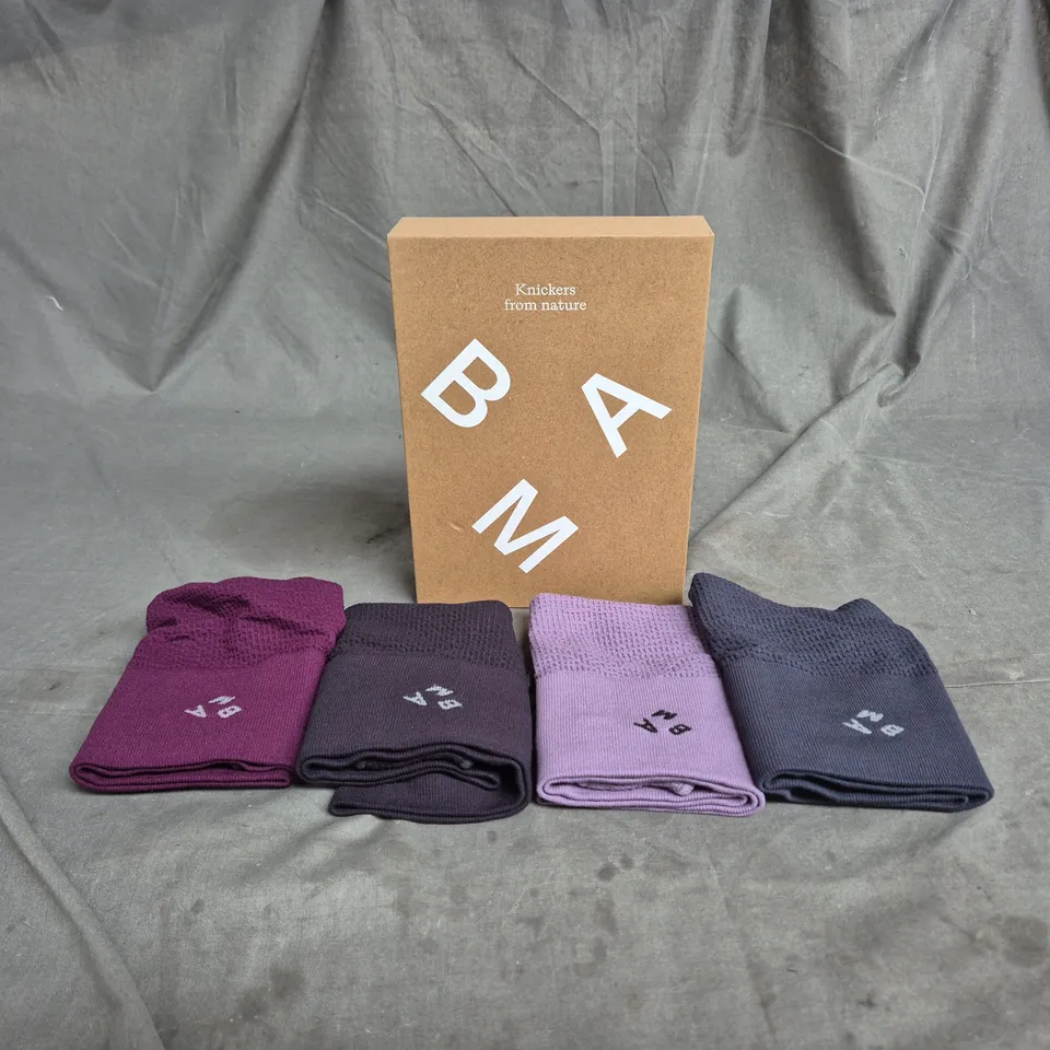 BAM BAMBOO KNICKERS – 4-PACK, MIXED PURPLE TONES, SIZE M 