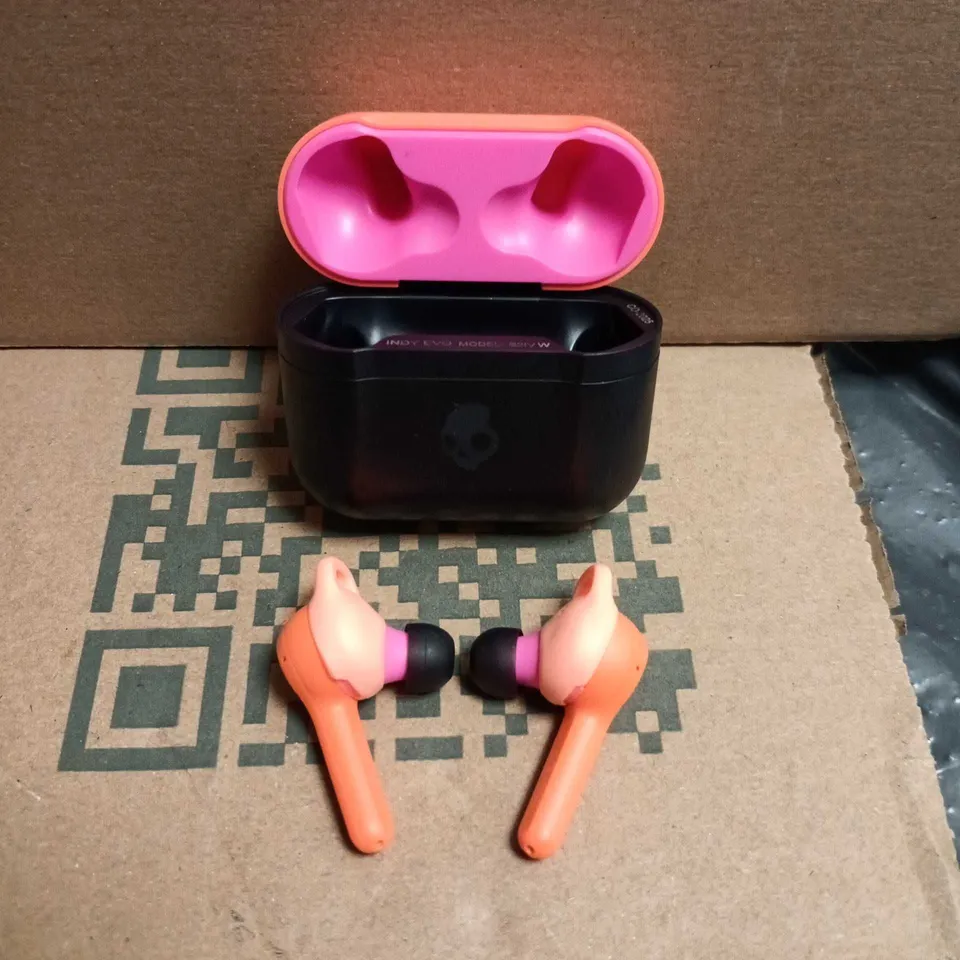 SKULLCANDY INDY EVO TRUE WILD WIRELESS TRUE‑WIRELESS EARBUDS WITH CHARGING CASE – ORANGE LID, PINK ACCENTS