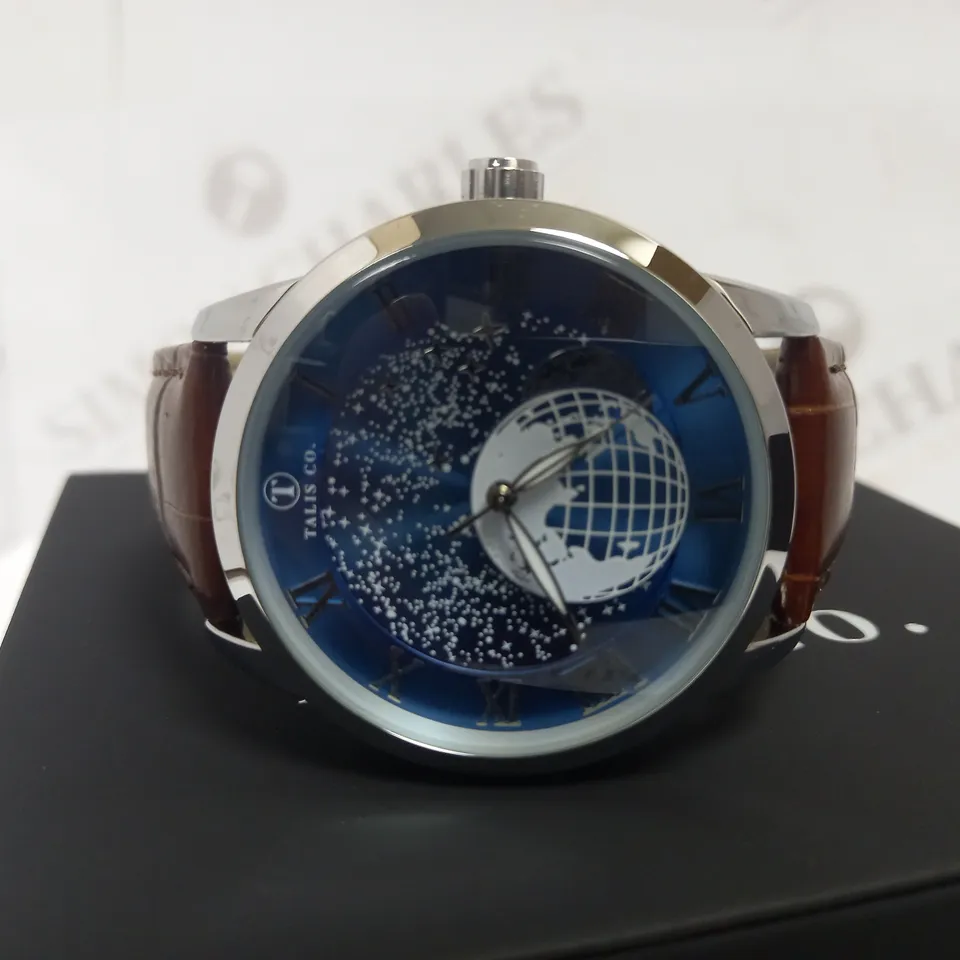 TALIS CO. AUTOMATIC ASTRO GLOBE DETAIL LEATHER STRAP WRISTWATCH RRP £699