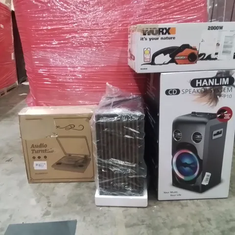 PALLET OF ASSORTED HOUSEHOLD GOODS AND PRODUCTS TO INCLUDE;SPEAKER SYSTEM,CHAINSAW,AUDIO TURNTABLE,COMPUTER CASE