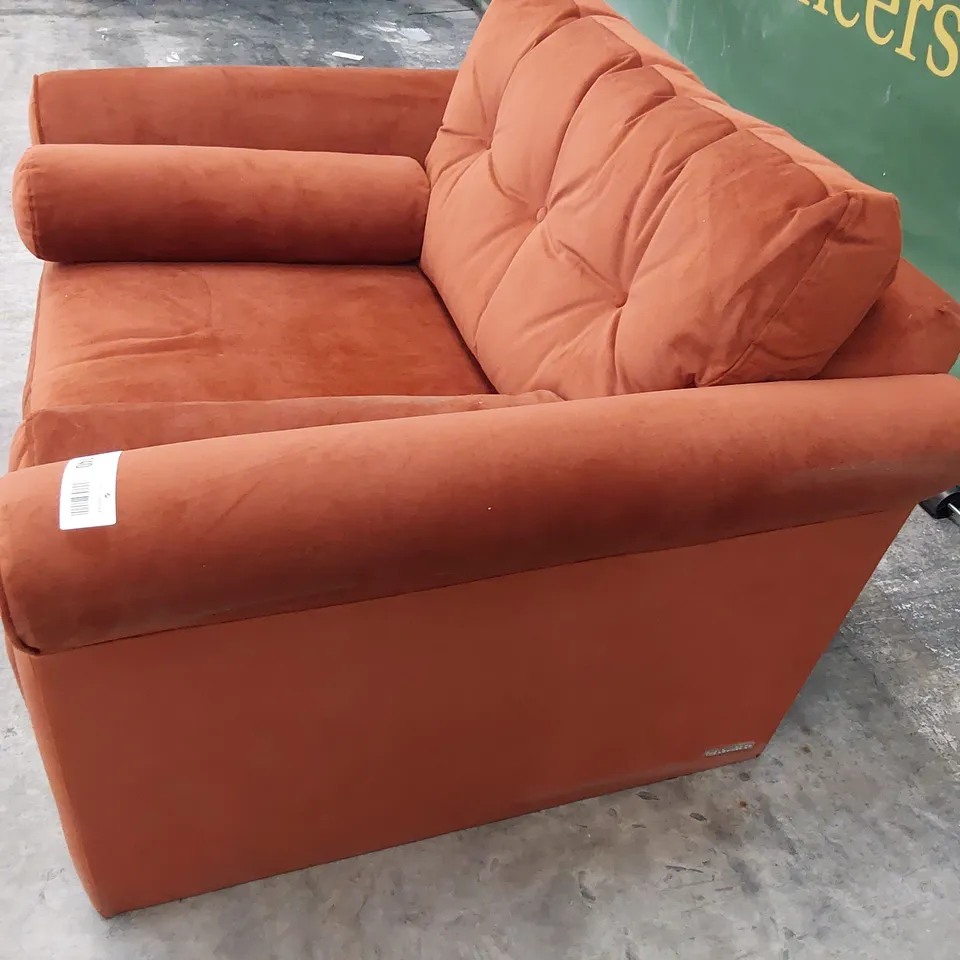 QUALITY BRITISH DESIGNER LOUNGE Co. SNUGGLER CHAIR WITH ROLL BOLSTER CUSHIONS BURN ORANGE PLUSH FABRIC 