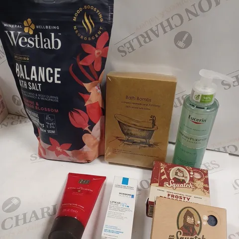 BOX OF APPROXIMATELY 15 ASSORTED COSMETIC ITEMS TO INCLUDE SQUATCH NATURAL SOAP, RITUAL BODY CREAM, BATH BOMBS ETC