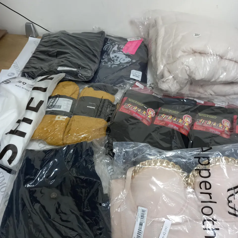 LARGE BOX OF ASSORTED CLOTHING ITEMS IN VARIOUS COLOURS AND SIZES INCLUDING TROUSERS , TOPS AND JUMPERS 