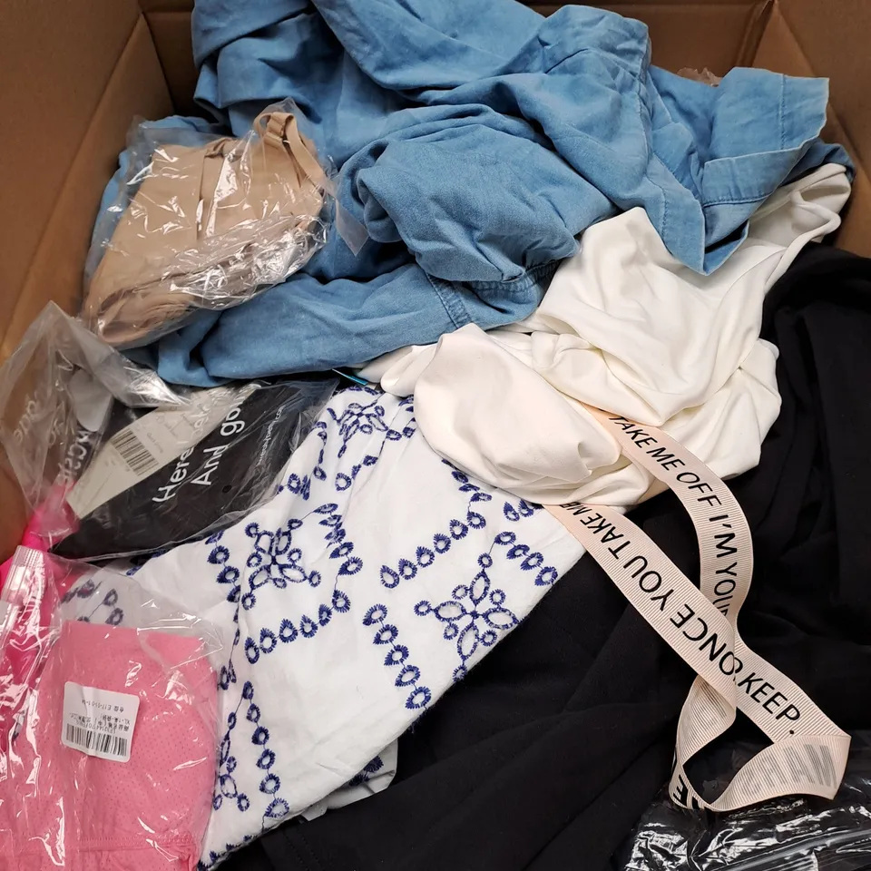 BOX OF APROX 20 ITEMS OF CLOTHING IN MULTIPLE, STYLES COLOURS AND SIZES - COLLECTION ONLY 