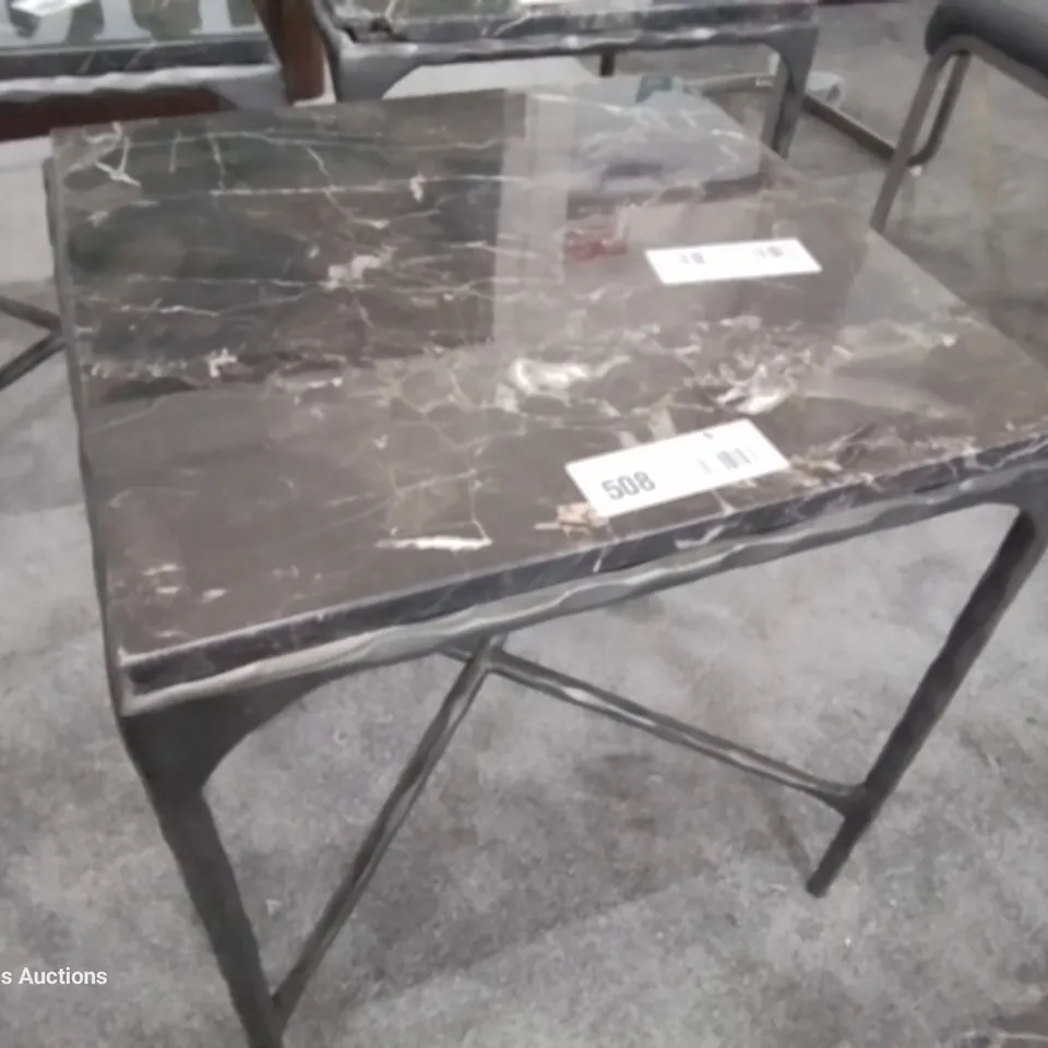 DESIGNER HEAVY METAL FRAMED BLACK ONYX TOPPED OCCASIONAL TABLE