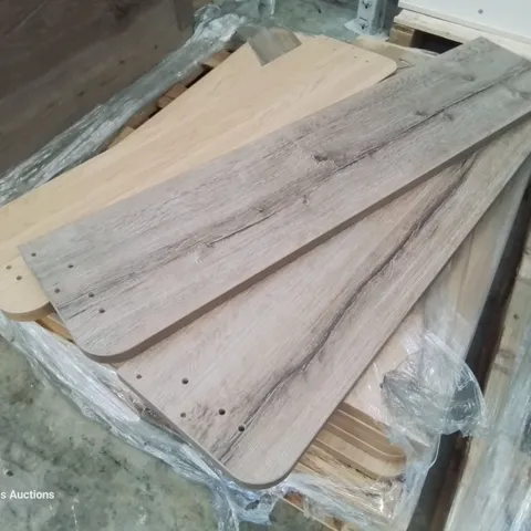 PALLET OF APPROXIMATELY 17 WOOD FINISH SHELVES