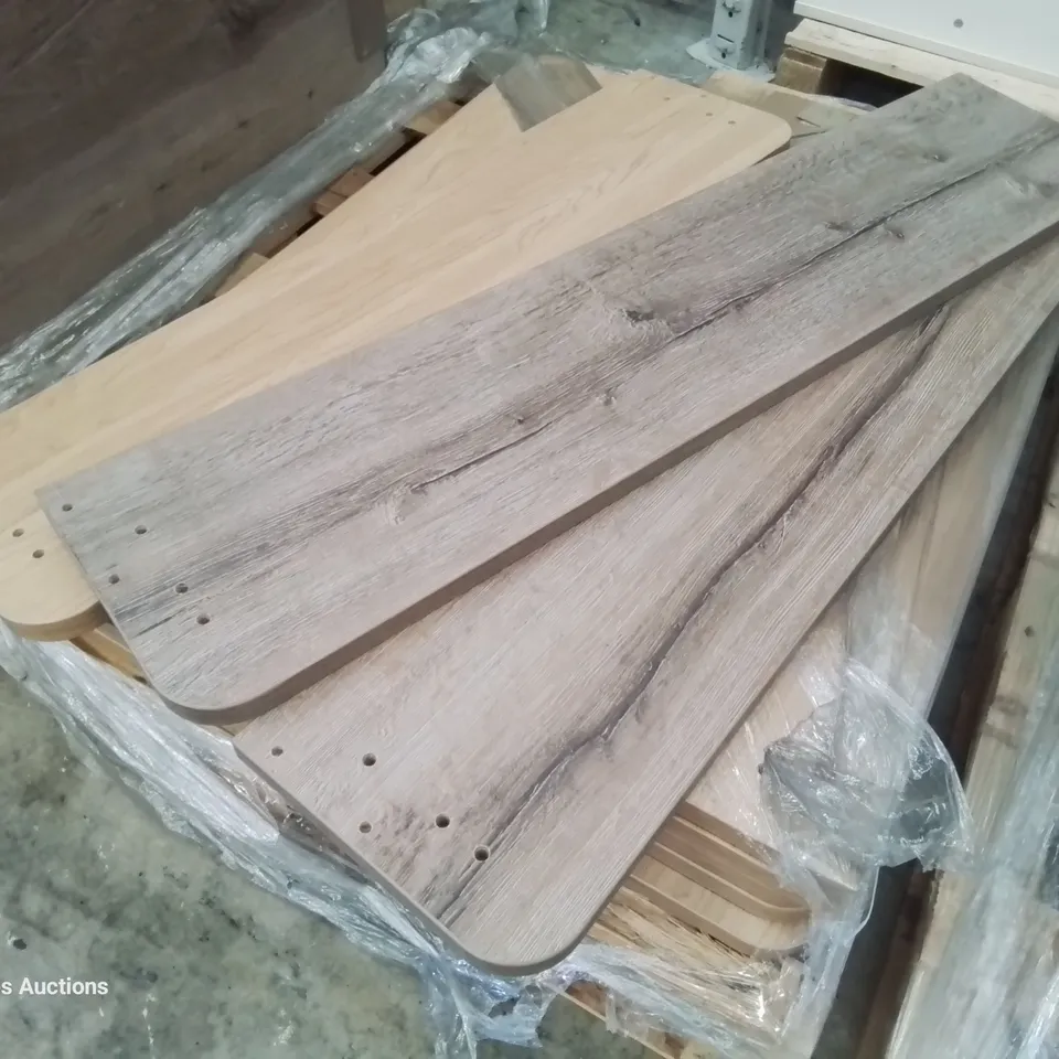PALLET OF APPROXIMATELY 17 WOOD FINISH SHELVES