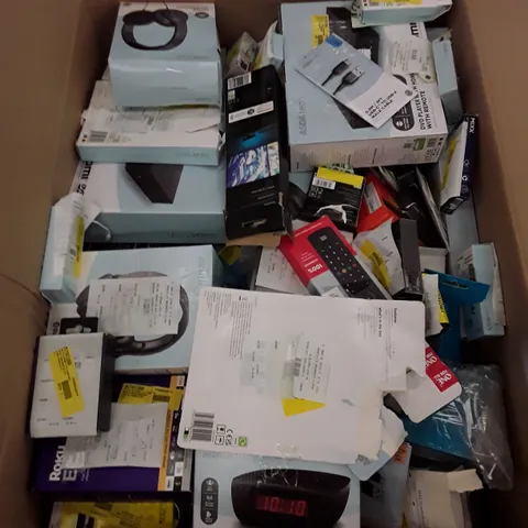 BOX OF ASSORTED ELECTRONIC PRODUCTS INCLUDING ALARM CLOCK, HEADPHONES, UNIVERSAL REMOTE, DVD PLAYER