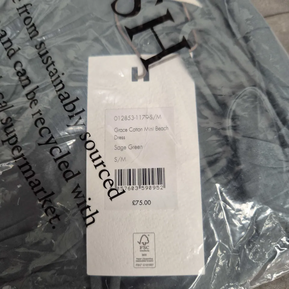HUSH GRACE COTTON MINI BEACH DRESS, SAGE GREEN, UK S/M