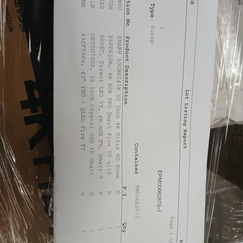 PALLET OF  FIVE ASSORTED WAREHOUSE DAMAGED TV'S TO INCLUDE;