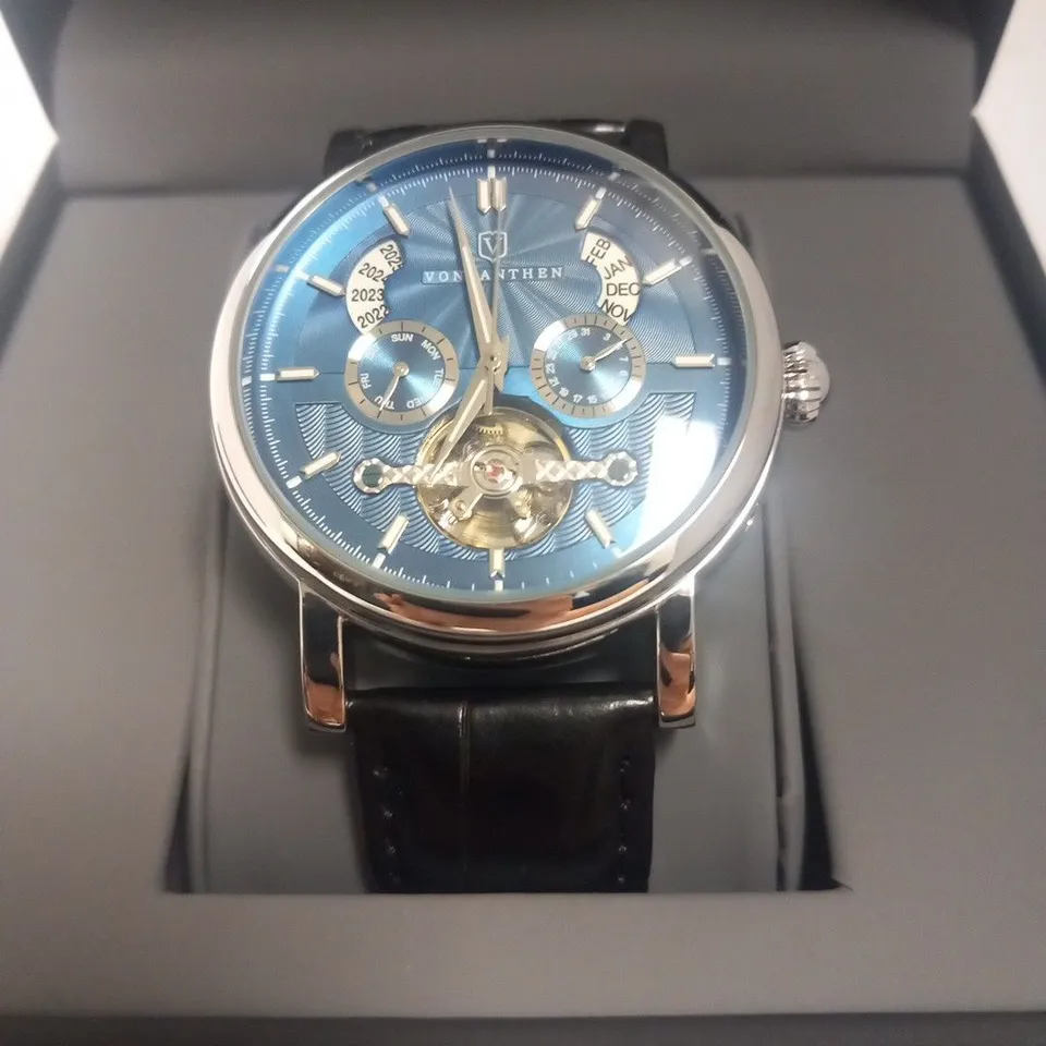 MENS VONLANTHEN AUTOMATIC WATCH – DATE YEAR SUB DIAL COMPLICATIONS – OPEN HEART MOVEMENT – GLASS EXHIBITION BACKCASE – BLACK LEATHER STRAP 