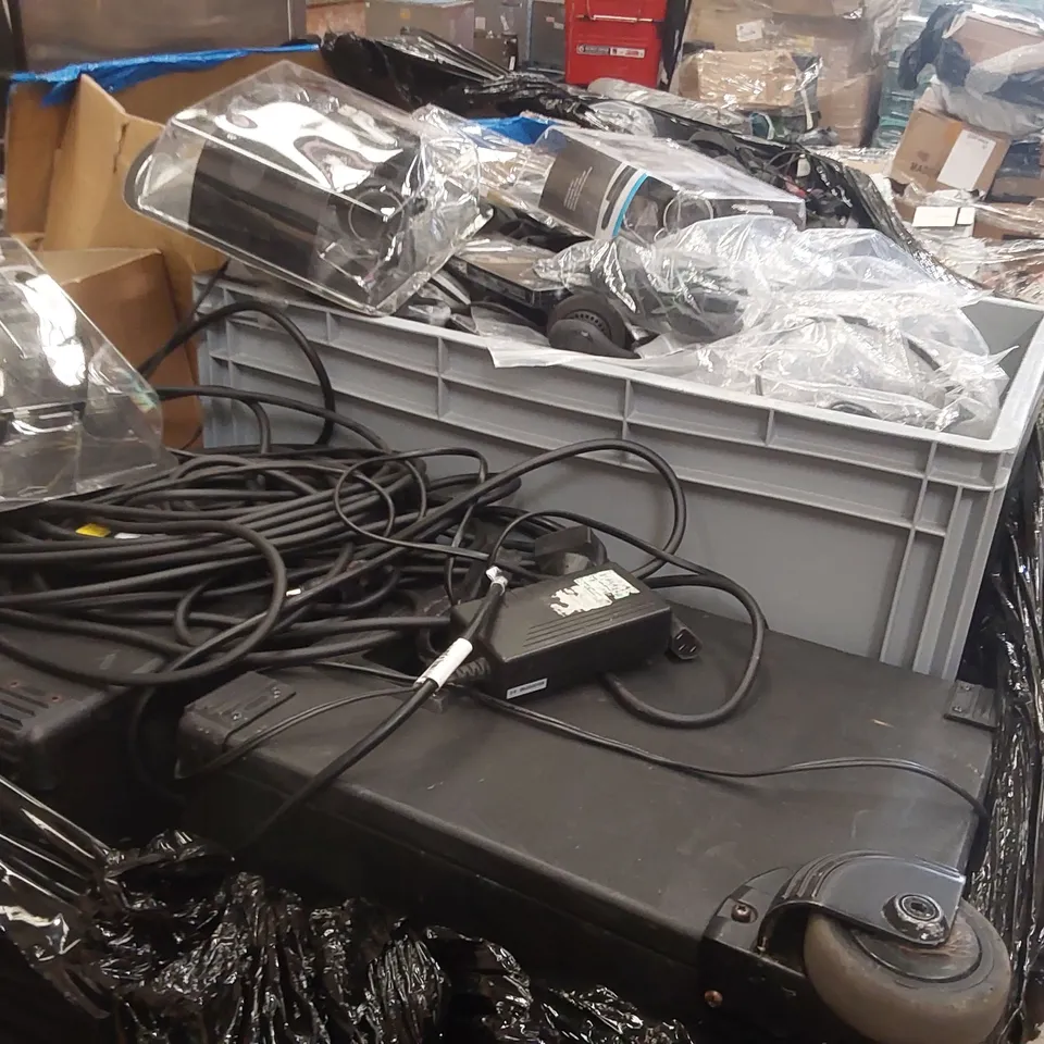 PALLET CONTAINING A LARGE ASSORTMENT OF OFFICE SUPPLIES INCLUDING: HEADSETS, ASSORTED WIRES/POWER CABLES, CANON/HP INK CARTRIDGES ECT