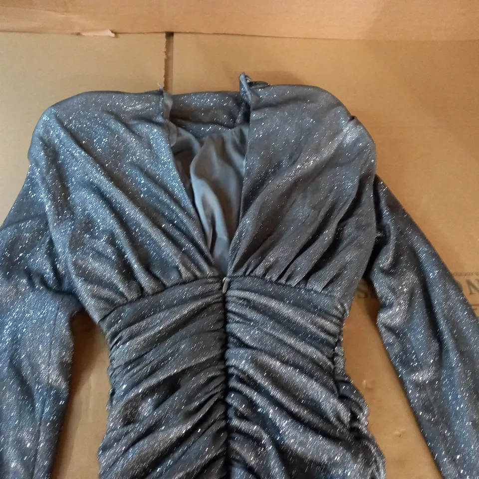 HOUSE OF CB RUCHED DRESS IN GLITTER SILVER  XS