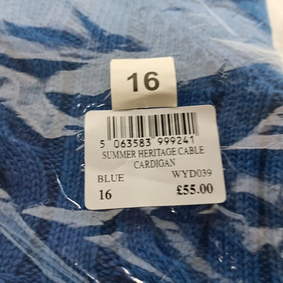 BAGGED CREW CLOTHING COMPANY SUMMER HERITAGE CABLE CARDIGAN – BLUE, UK SIZE 16