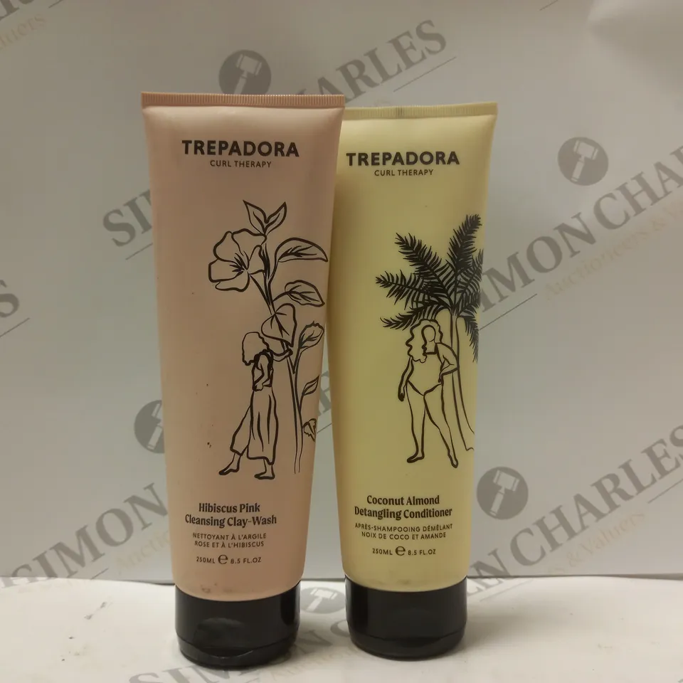 BOX OF 2 TREPADORA PRODUCTS TO INCLUDE HIBISCUS PINK CLEANSING CLAY-WASH 25ML & COCONUT ALMOND DETANGLING CONDITIONER 250ML 
