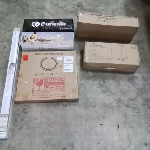 PALLET OF ASSORTED ITEMS TO INCLUDE: SMART BATHROOM MIRROR, KIDS SCOOTER, PORTABLE ICE BATHTUB, BLINDS, FUNESLABALL KITS ECT