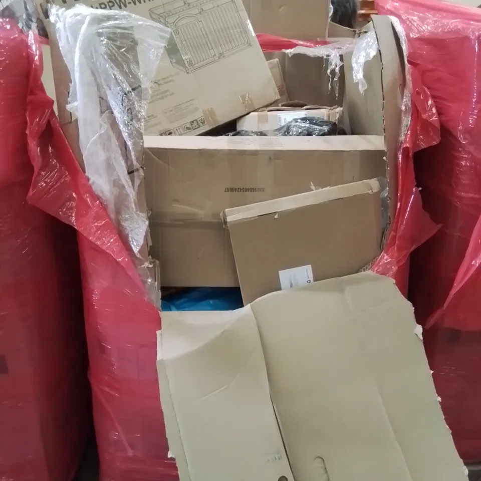 PALLET CONTAINING VARIOUS ASSORTED ITEMS TO INCLUDE: PET PLAYPEN,  GAZEBO,  SHELVING UNIT AND LOTS MORE UNMARKED BOXED ITEMS 