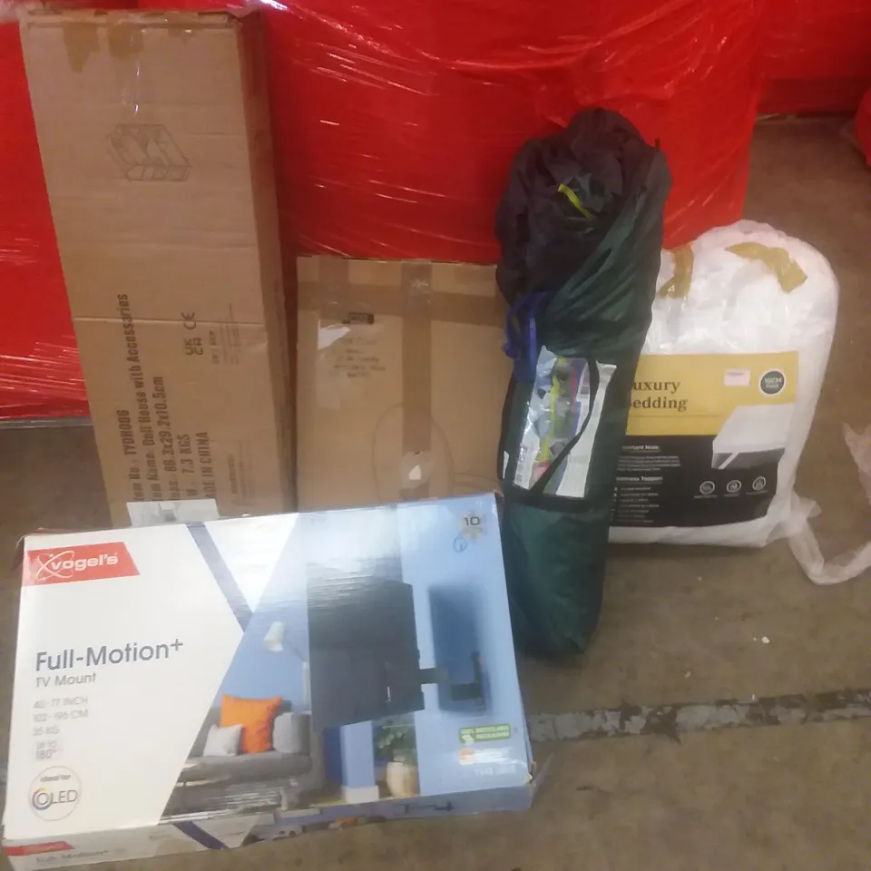 PALLET OF ASSORTED ITEMS INCLUDING FULL MOTION TV MOUNT, DOLL HOUSE, TOILET SEAT, AUTOMATIC TENT