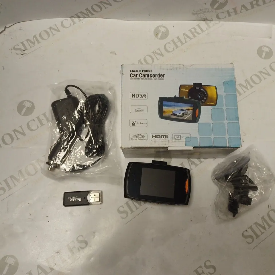 BOXED ADVANCED PORTABLE CAR CAMCORDER WITH DISPLAY, POWER CABLE. MOUNT AND USB STICK.