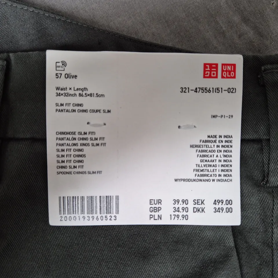 UNIQLO SLIM FIT CHINO TROUSERS – OLIVE, UK 34 WAIST, 32IN INSEAM