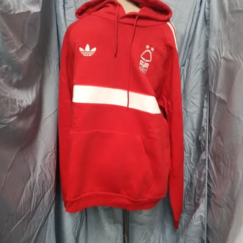 NOTTS FOREST FC ADIDAS HOODIE – RED, UK L, WHITE CHEST STRIPE & TREFOIL LOGO