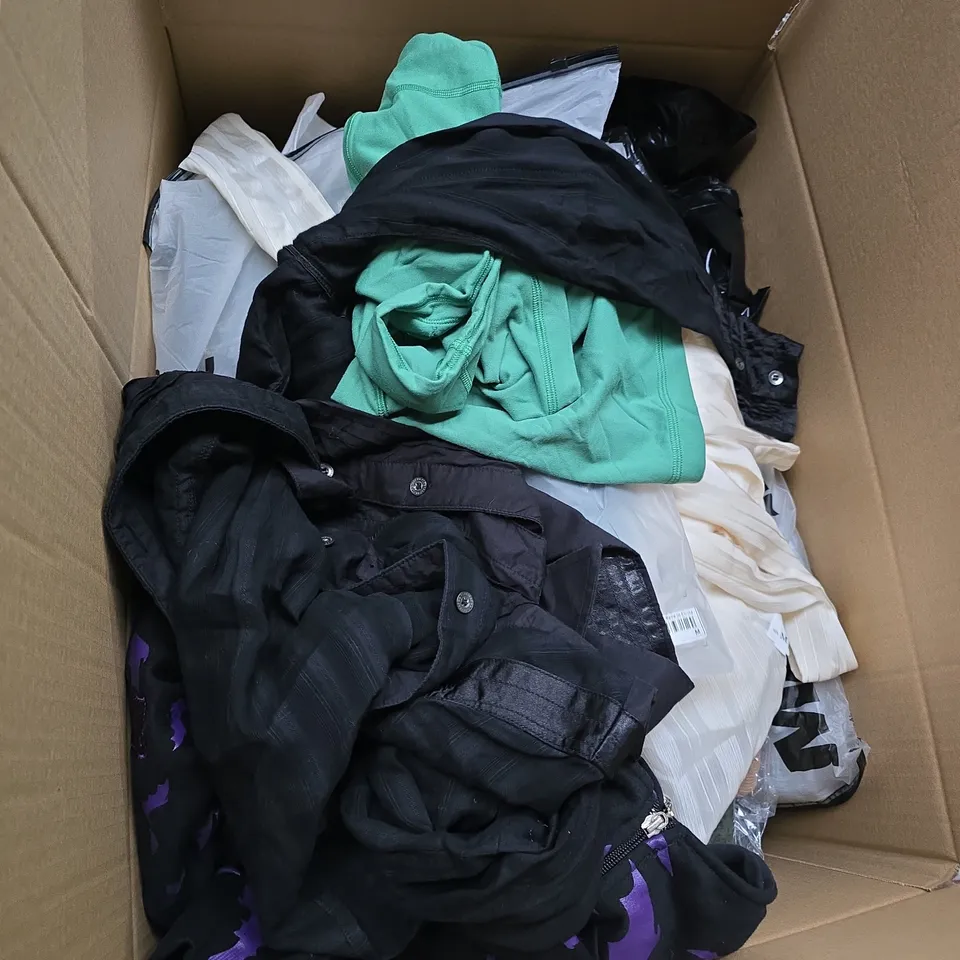 LARGE BOX OF APPROXIMATELY 25 ASSORTED CLOTHING ITEMS IN VARIOUS COLOURS, STYLES AND SIZES - COLLECTION ONLY