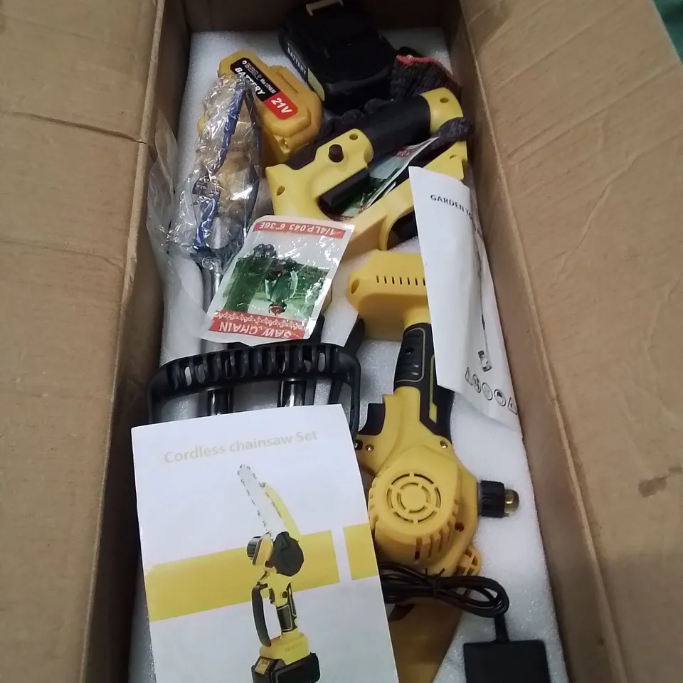 PALLET CONTAINING VARIOUS ASSORTED BOXED ITEMS TO INCLUDE. TURBOTRONIC FOOD BLENDER, SOUND BAR, CORDLESS CHAINSAW SET, AND LOTS MORE UNMARKED BOXED ITEMS 