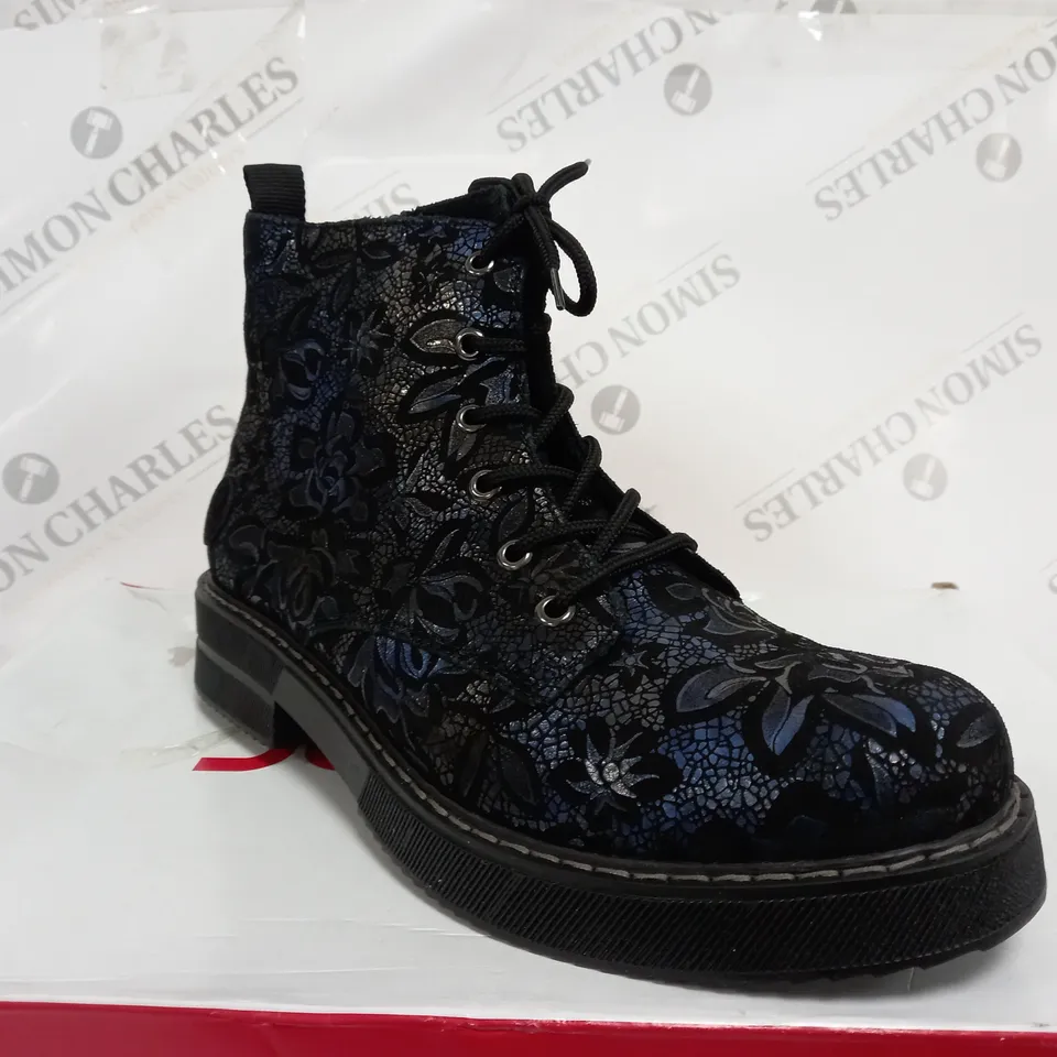 BOXED RIEKER LACE UP BOOTS, DARK FLORAL - SIZE 7.5