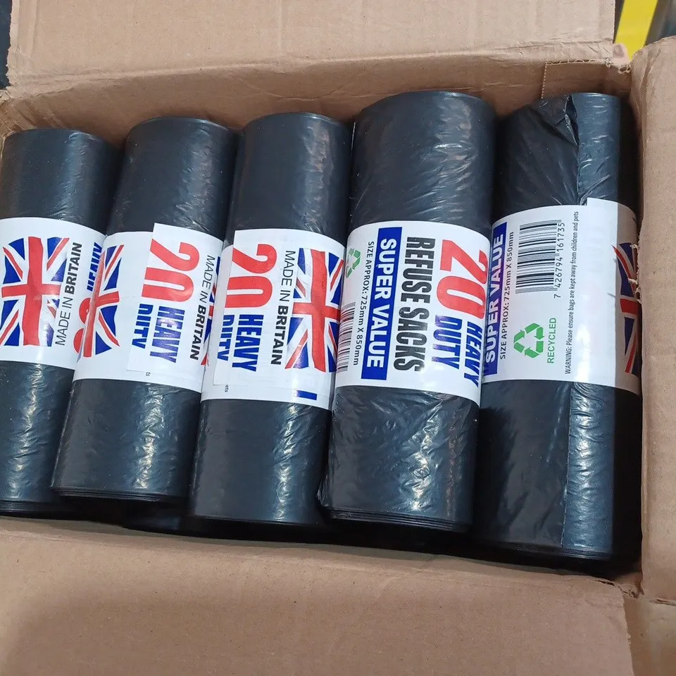 BOX OF 10 ROLLS OF 20 HEAVY DUTY BLACK REFUSE SACKS, 50L