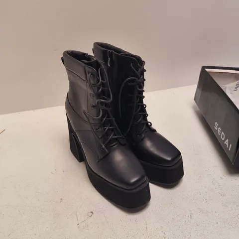 SEDAI WOMEN'S BLACK PU LACE-UP PLATFORM BOOTS, UK 8 (EU 41, US 10)